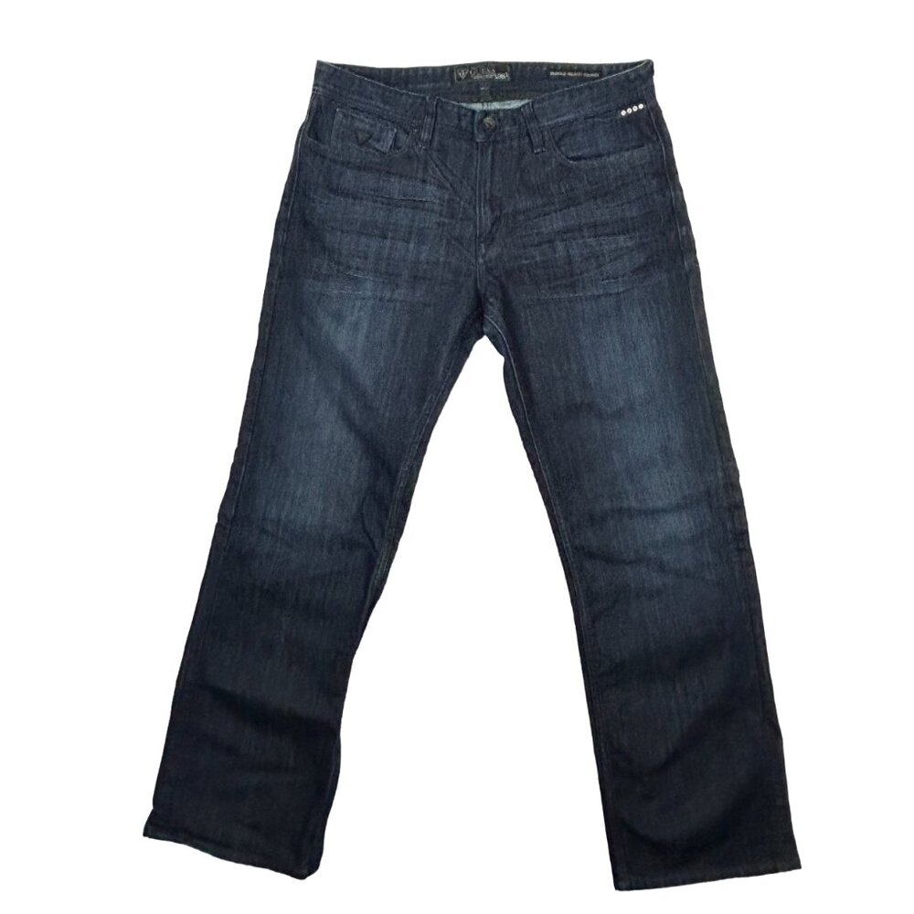 Guess Jeans Mens 35x32* Desmond Relaxed Straight Whiskered Blue Denim Dark Wash